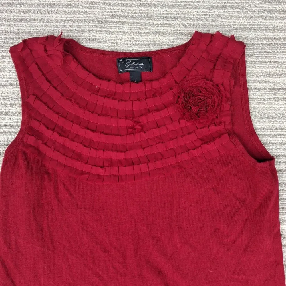 DRESSBARN COLLECTION RED SLEEVELESS ROSETTE RUFFLE SHELL TOP TANK BLOUSE L - Picture 4 of 9
